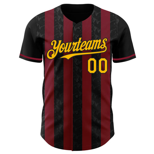Custom Black Gold-Crimson Classic Vertical Stripe Fluid Liquid Texture Authentic Baseball Jersey