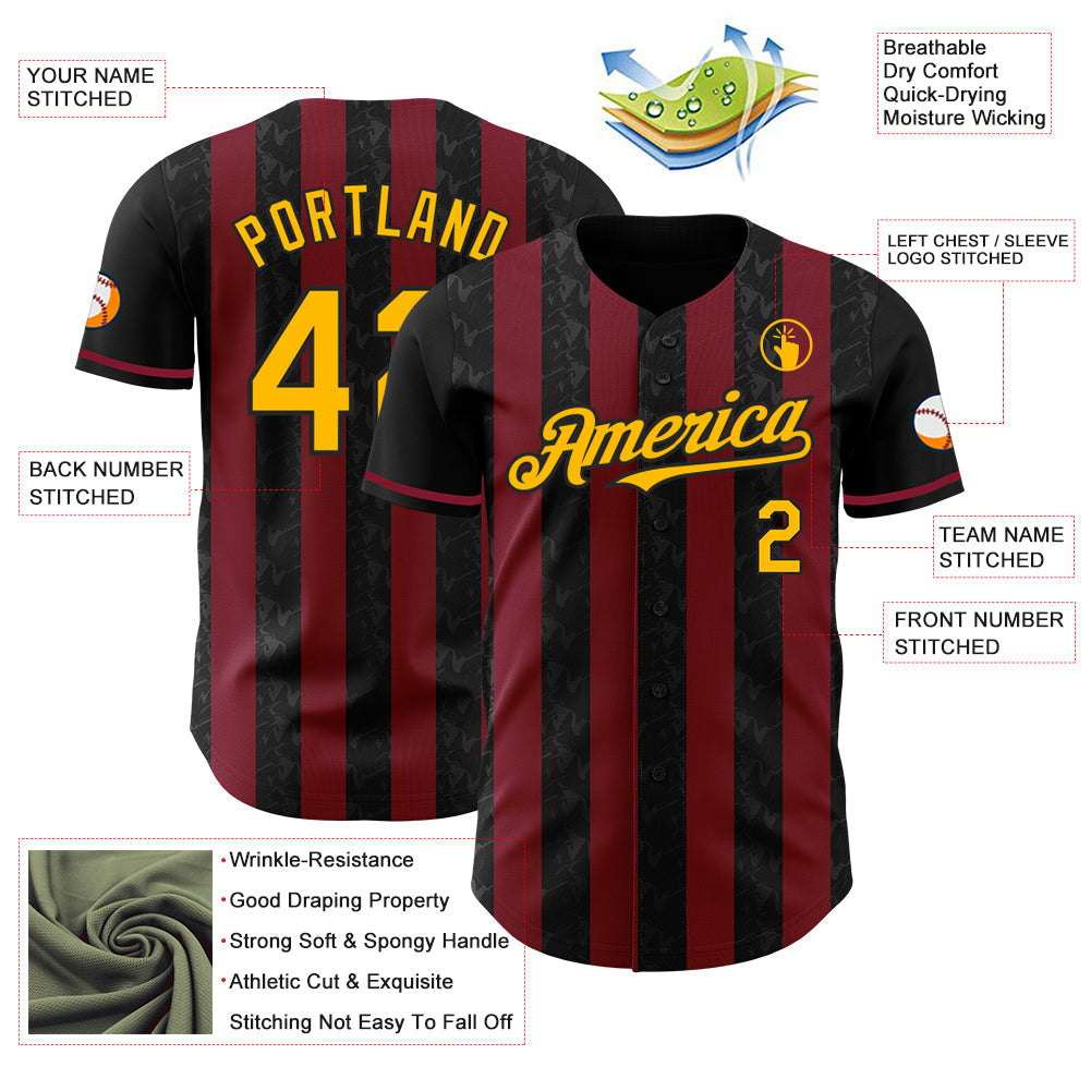 Custom Black Gold-Crimson Classic Vertical Stripe Fluid Liquid Texture Authentic Baseball Jersey