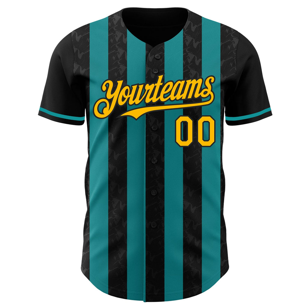 Custom Black Gold-Teal Classic Vertical Stripe Fluid Liquid Texture Authentic Baseball Jersey