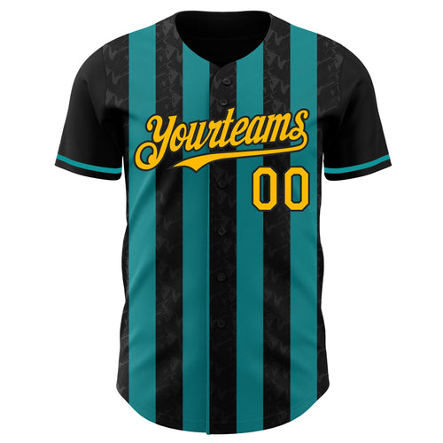 Custom Black Gold-Teal Classic Vertical Stripe Fluid Liquid Texture Authentic Baseball Jersey