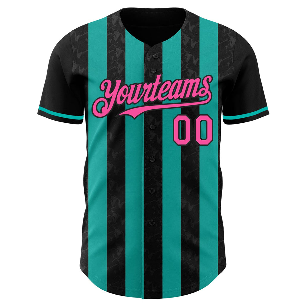 Custom Black Pink-Aqua Classic Vertical Stripe Fluid Liquid Texture Authentic Baseball Jersey