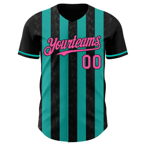 Custom Black Pink-Aqua Classic Vertical Stripe Fluid Liquid Texture Authentic Baseball Jersey