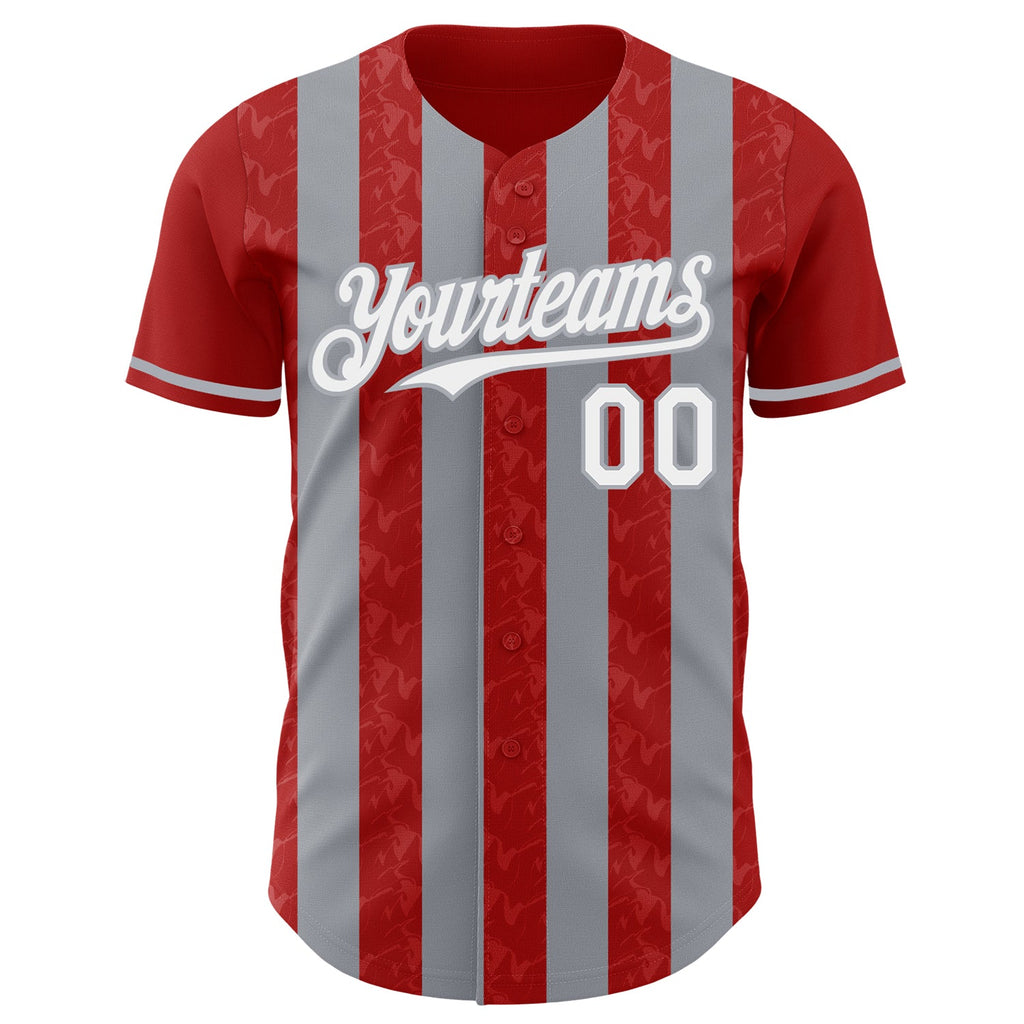 Custom Red White-Gray Classic Vertical Stripe Fluid Liquid Texture Authentic Baseball Jersey