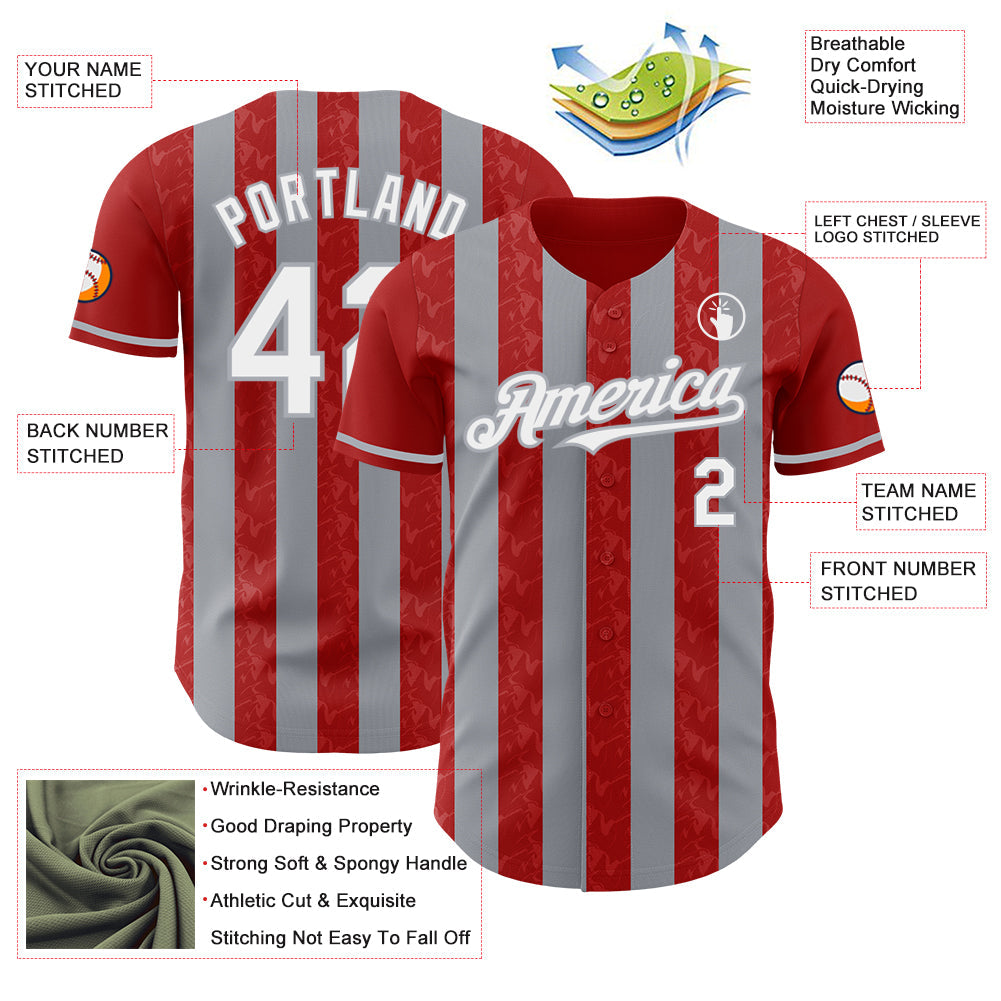 Custom Red White-Gray Classic Vertical Stripe Fluid Liquid Texture Authentic Baseball Jersey