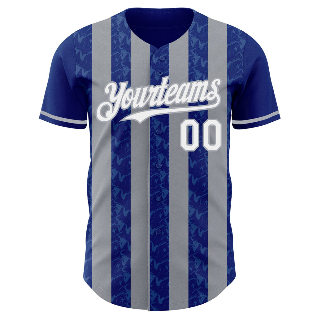 Custom Royal White-Gray Classic Vertical Stripe Fluid Liquid Texture Authentic Baseball Jersey