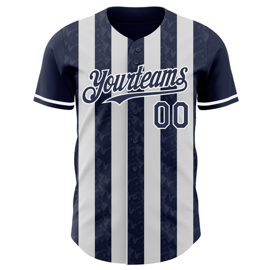 Custom Navy-White Classic Vertical Stripe Fluid Liquid Texture Authentic Baseball Jersey