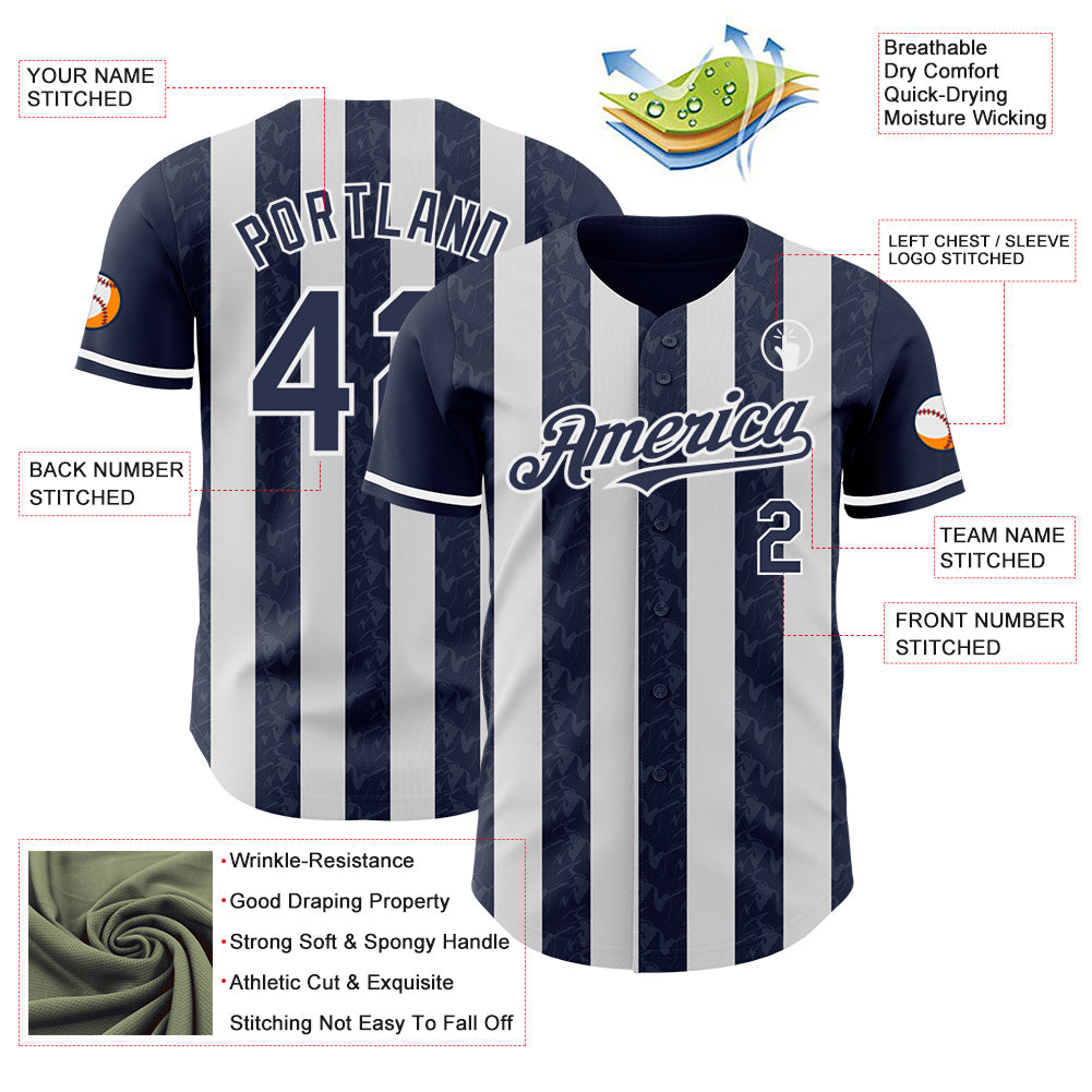 Custom Navy-White Classic Vertical Stripe Fluid Liquid Texture Authentic Baseball Jersey