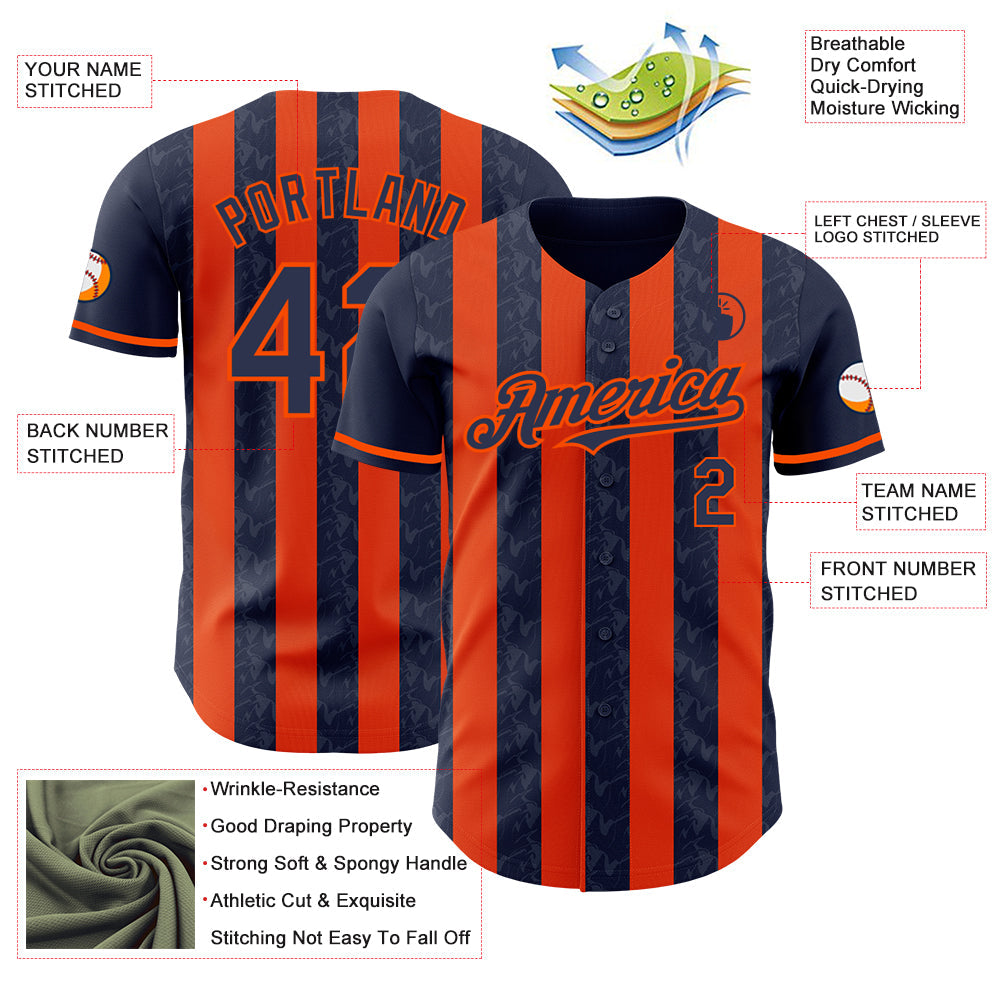 Custom Navy-Orange Classic Vertical Stripe Fluid Liquid Texture Authentic Baseball Jersey
