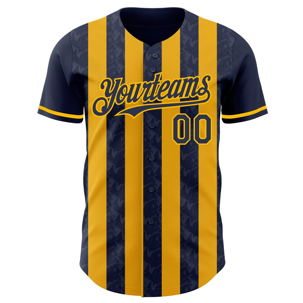 Custom Navy-Gold Classic Vertical Stripe Fluid Liquid Texture Authentic Baseball Jersey