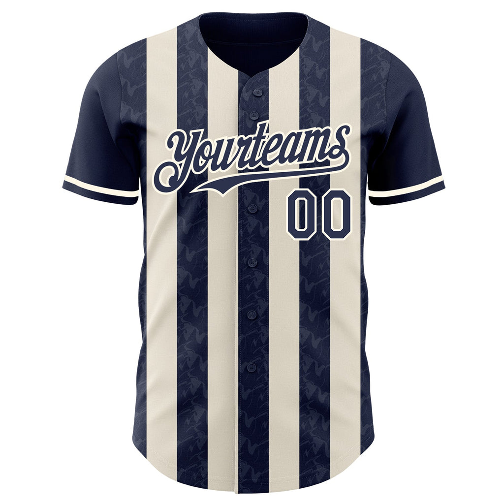 Custom Navy Cream-Cream Classic Vertical Stripe Fluid Liquid Texture Authentic Baseball Jersey