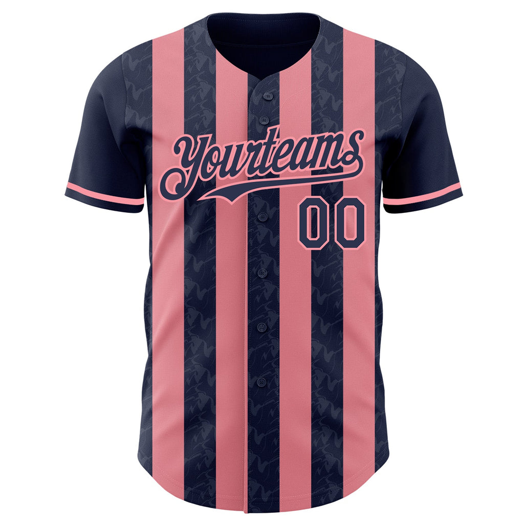 Custom Navy-Medium Pink Classic Vertical Stripe Fluid Liquid Texture Authentic Baseball Jersey