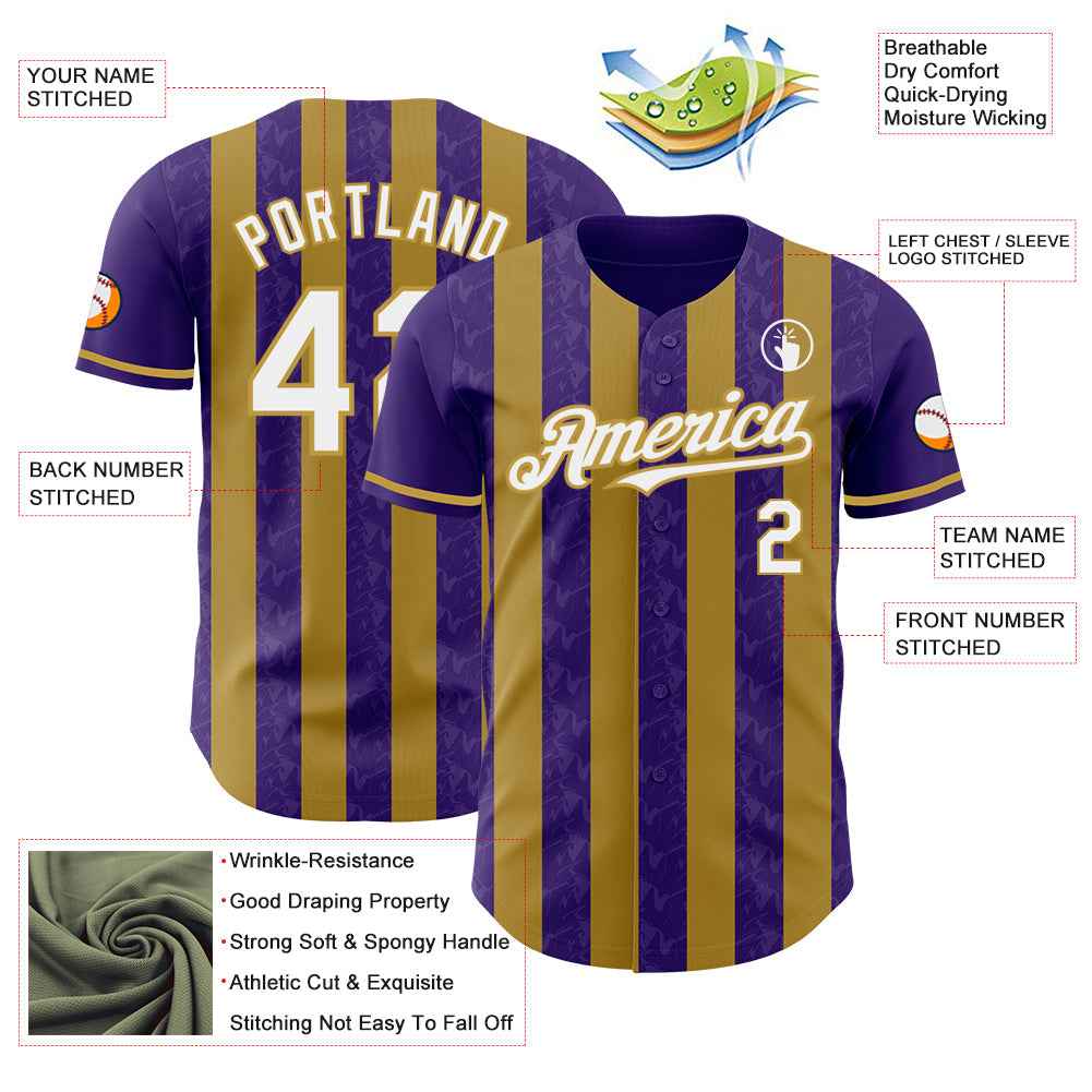 Custom Purple White-Old Gold Classic Vertical Stripe Fluid Liquid Texture Authentic Baseball Jersey