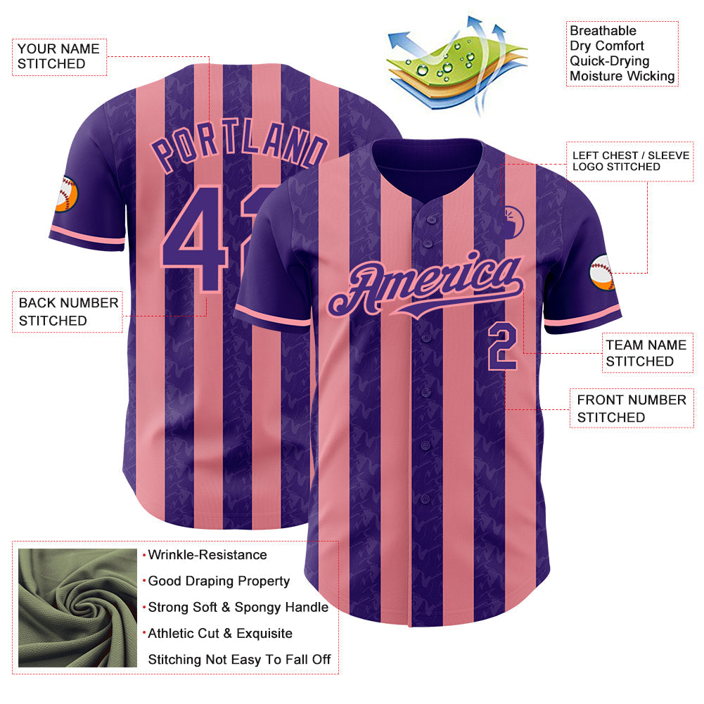 Custom Purple-Medium Pink Classic Vertical Stripe Fluid Liquid Texture Authentic Baseball Jersey