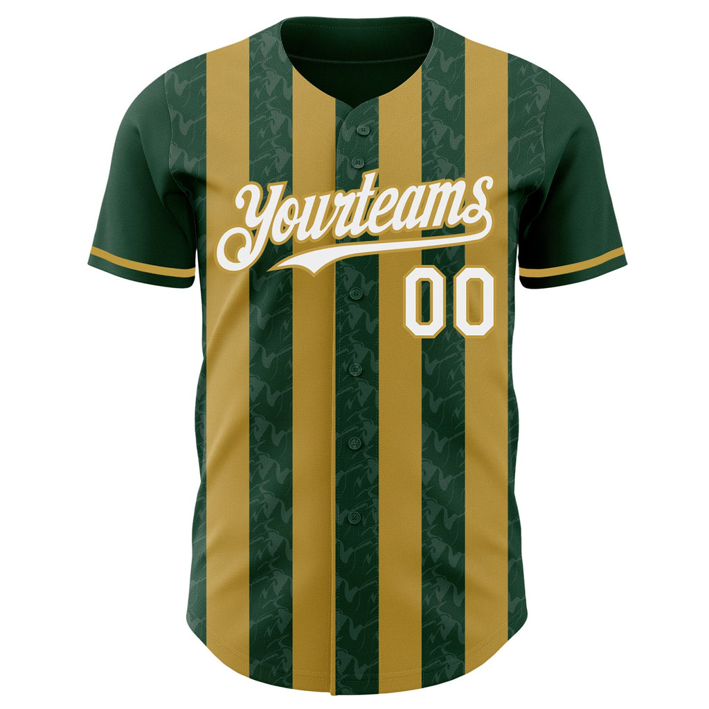 Custom Green White-Old Gold Classic Vertical Stripe Fluid Liquid Texture Authentic Baseball Jersey