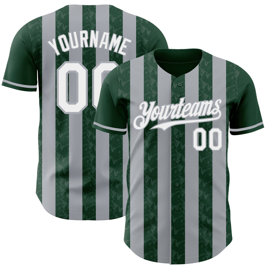 Custom Green White-Gray Classic Vertical Stripe Fluid Liquid Texture Authentic Baseball Jersey