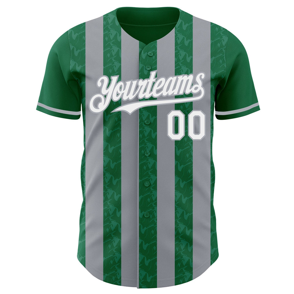 Custom Kelly Green White-Gray Classic Vertical Stripe Fluid Liquid Texture Authentic Baseball Jersey