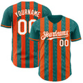 Custom Teal White-Orange Classic Vertical Stripe Fluid Liquid Texture Authentic Baseball Jersey
