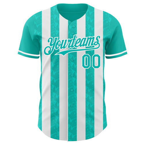 Custom Aqua-White Classic Vertical Stripe Fluid Liquid Texture Authentic Baseball Jersey