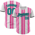 Custom White Teal Pink-Black Gradient Vertical Stripe Argentina Style Authentic Baseball Jersey