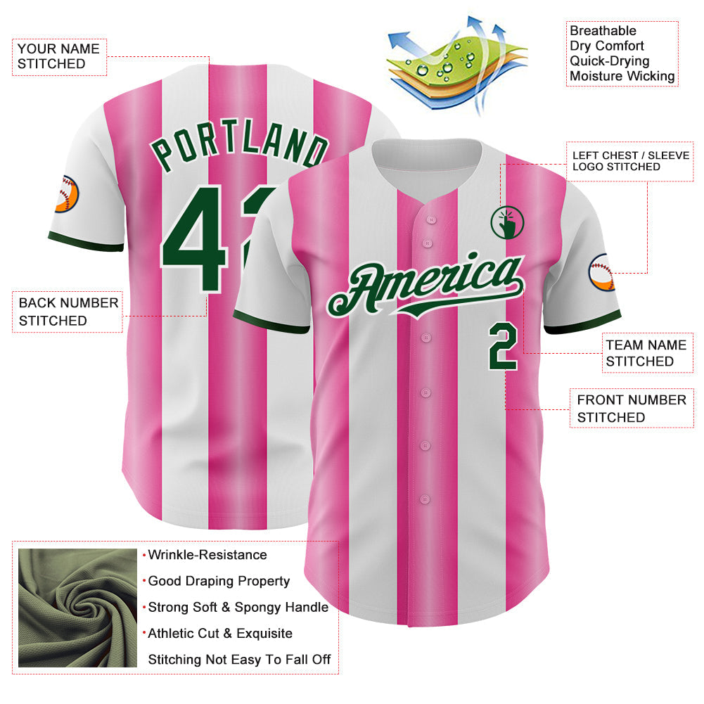 Custom White Green-Pink Gradient Vertical Stripe Argentina Style Authentic Baseball Jersey