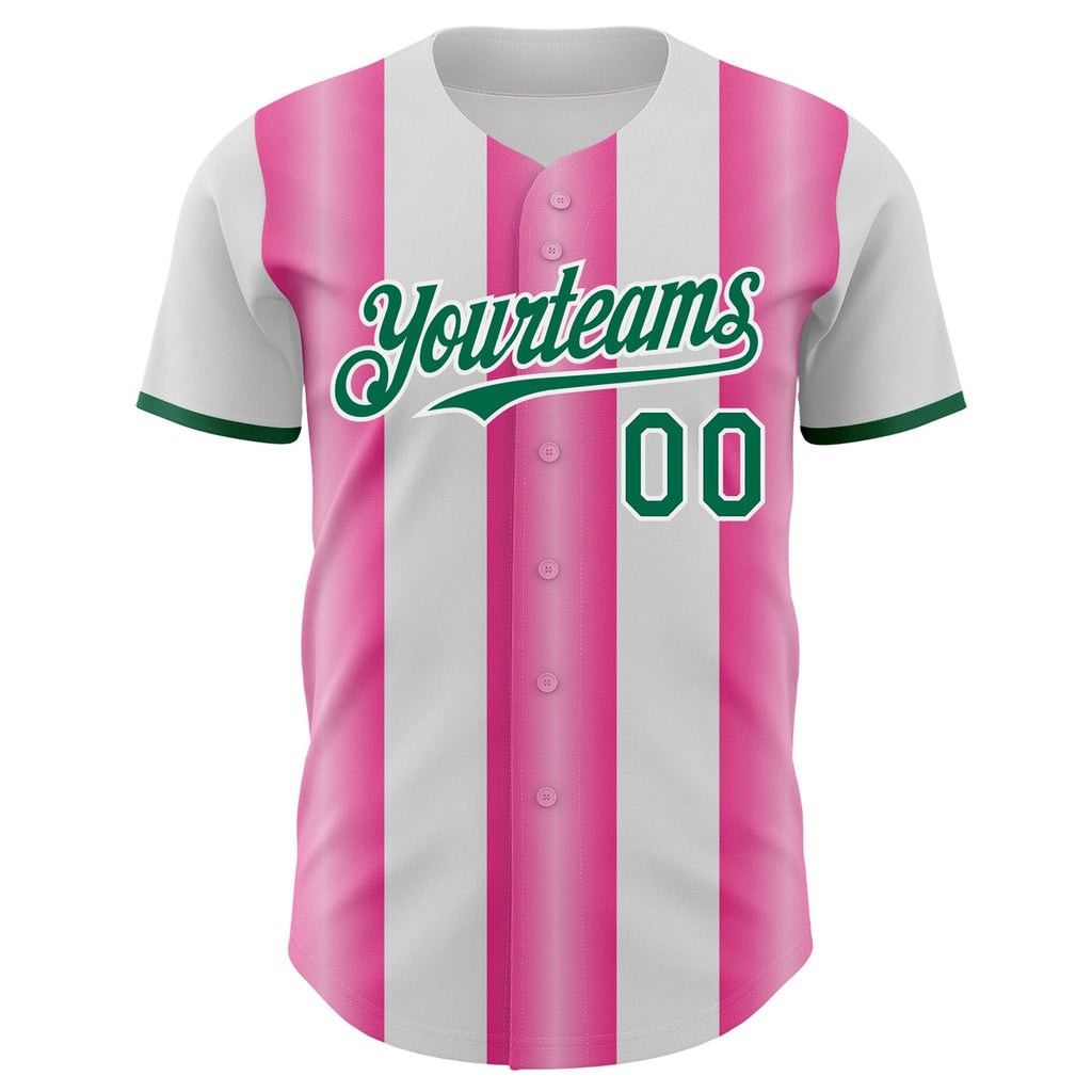 Custom White Kelly Green-Pink Gradient Vertical Stripe Argentina Style Authentic Baseball Jersey