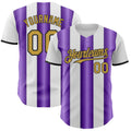 Custom White Old Gold Purple-Black Gradient Vertical Stripe Argentina Style Authentic Baseball Jersey