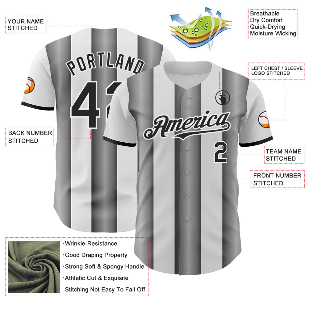 Custom White Black-Steel Gray Gradient Vertical Stripe Argentina Style Authentic Baseball Jersey