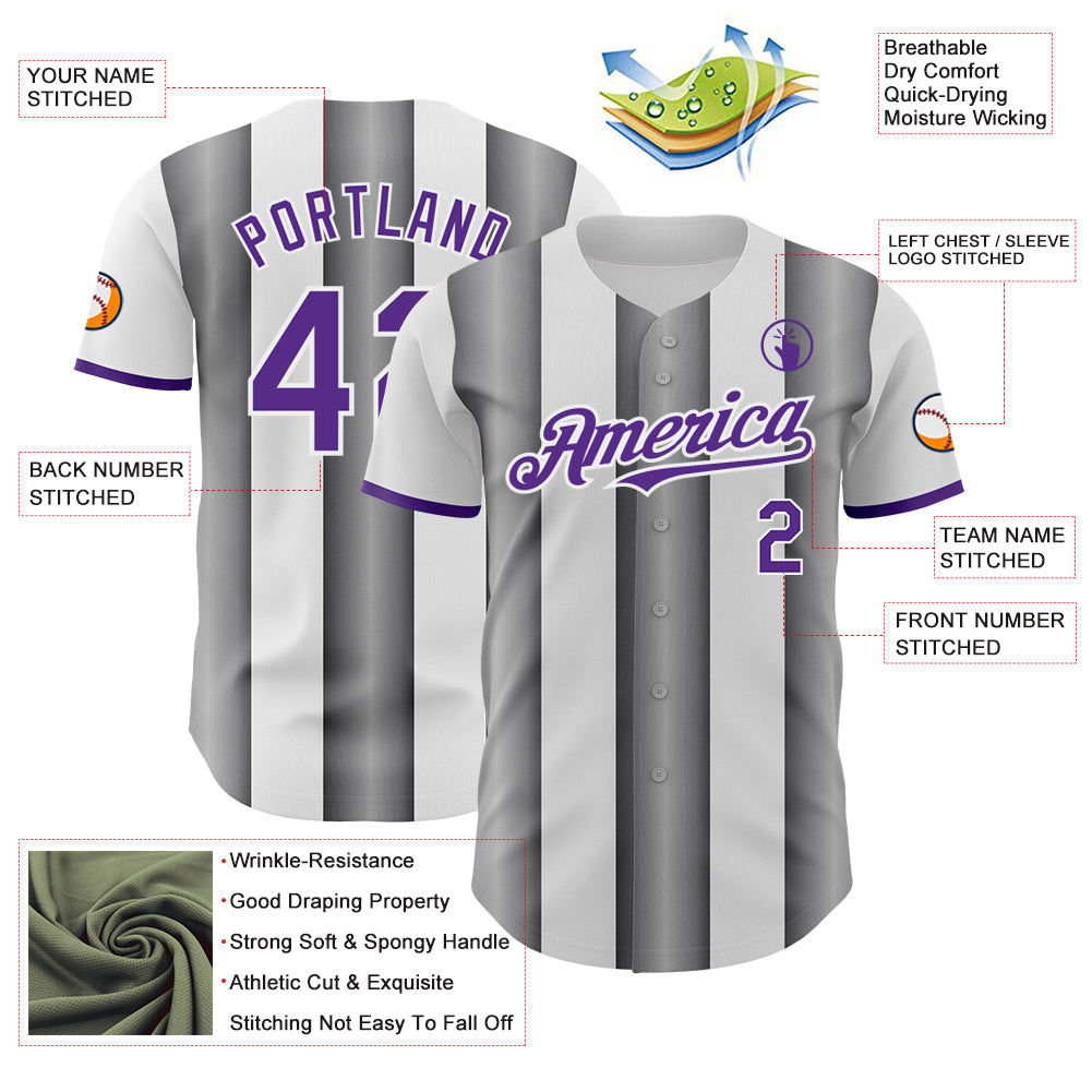Custom White Purple-Steel Gray Gradient Vertical Stripe Argentina Style Authentic Baseball Jersey