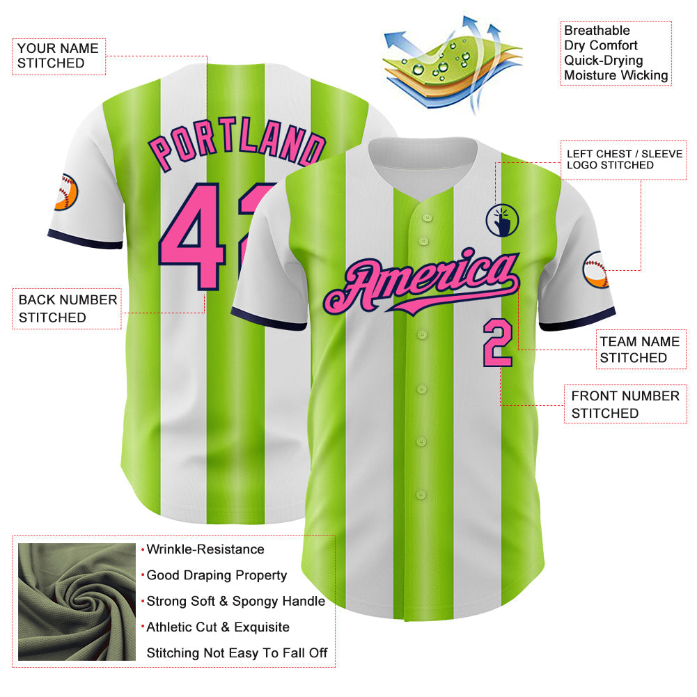 Custom White Pink Neon Green-Navy Gradient Vertical Stripe Argentina Style Authentic Baseball Jersey