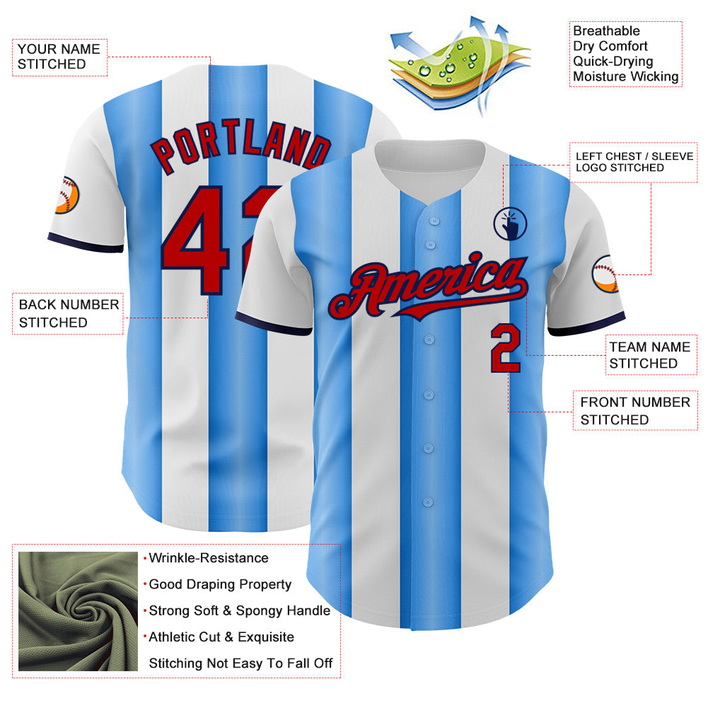 Custom White Red Electric Blue-Navy Gradient Vertical Stripe Argentina Style Authentic Baseball Jersey