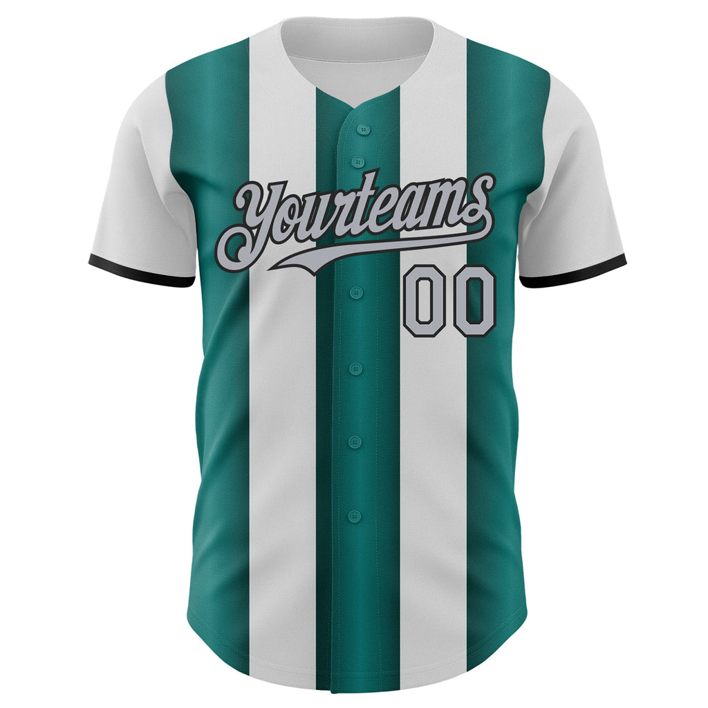 Custom White Gray Midnight Green-Black Gradient Vertical Stripe Argentina Style Authentic Baseball Jersey