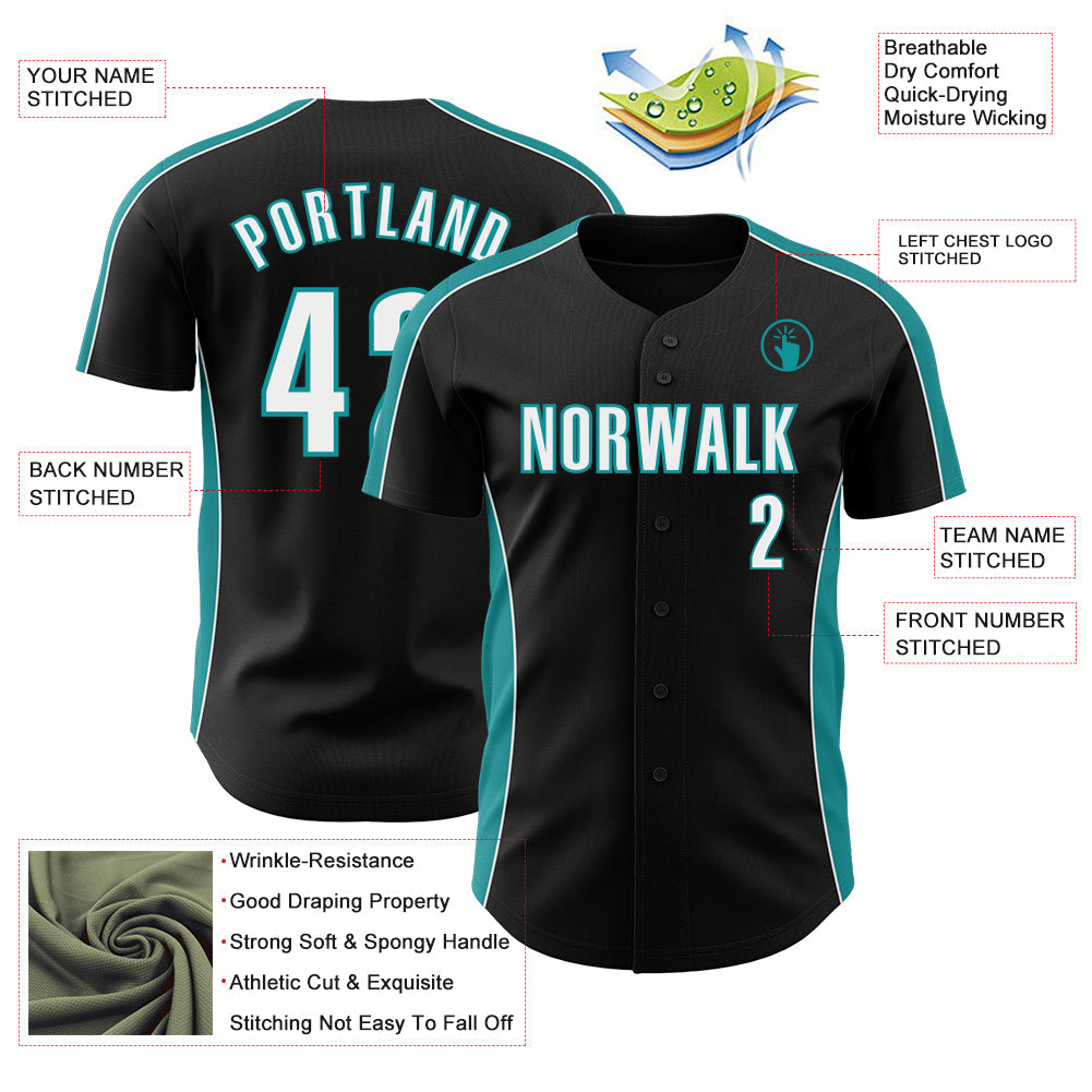 Custom Black White-Teal Classic Color Block Side Panel Stripe Authentic Baseball Jersey