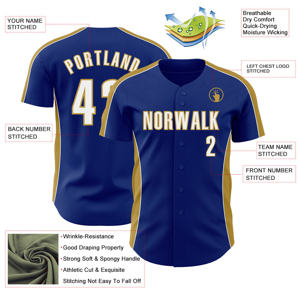 Custom Royal White-Old Gold Classic Color Block Side Panel Stripe Authentic Baseball Jersey