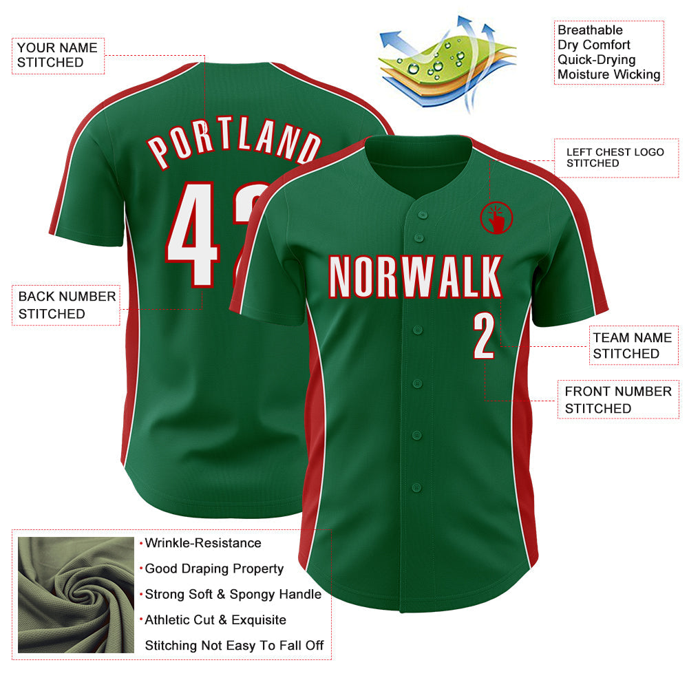 Custom Kelly Green White-Red Classic Color Block Side Panel Stripe Authentic Baseball Jersey