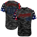 Custom Camo Black Royal-Red American Flag Star Raglan Sleeves Patriotic Authentic Baseball Jersey