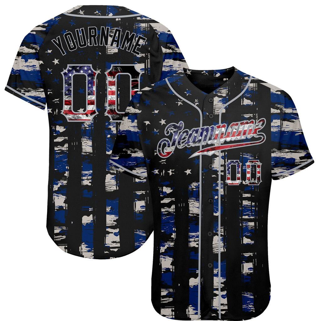 Custom Black USA Flag-Gray Distressed Grunge Patriotic Raglan Sleeves Authentic Baseball Jersey