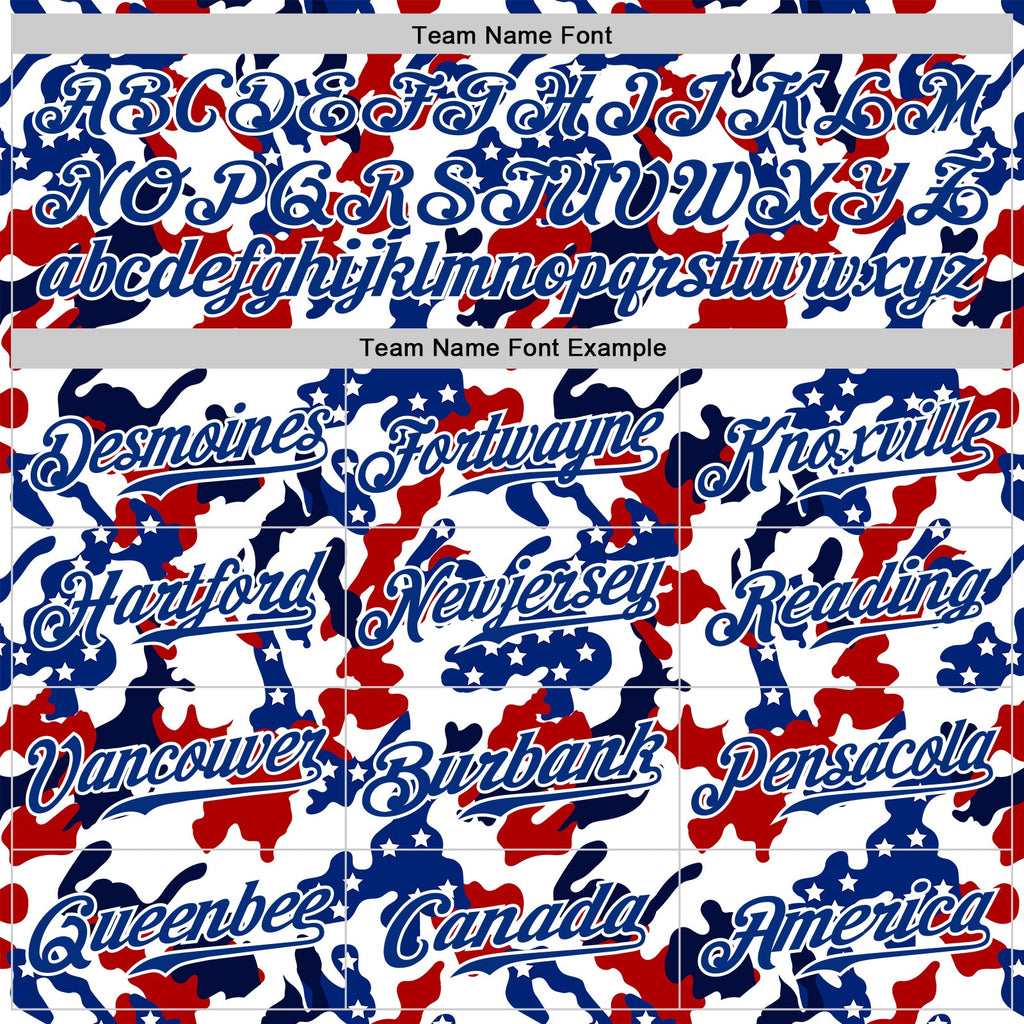 Custom White Royal Red-Navy Camo American Flag Patriotic Raglan Sleeves Authentic Baseball Jersey