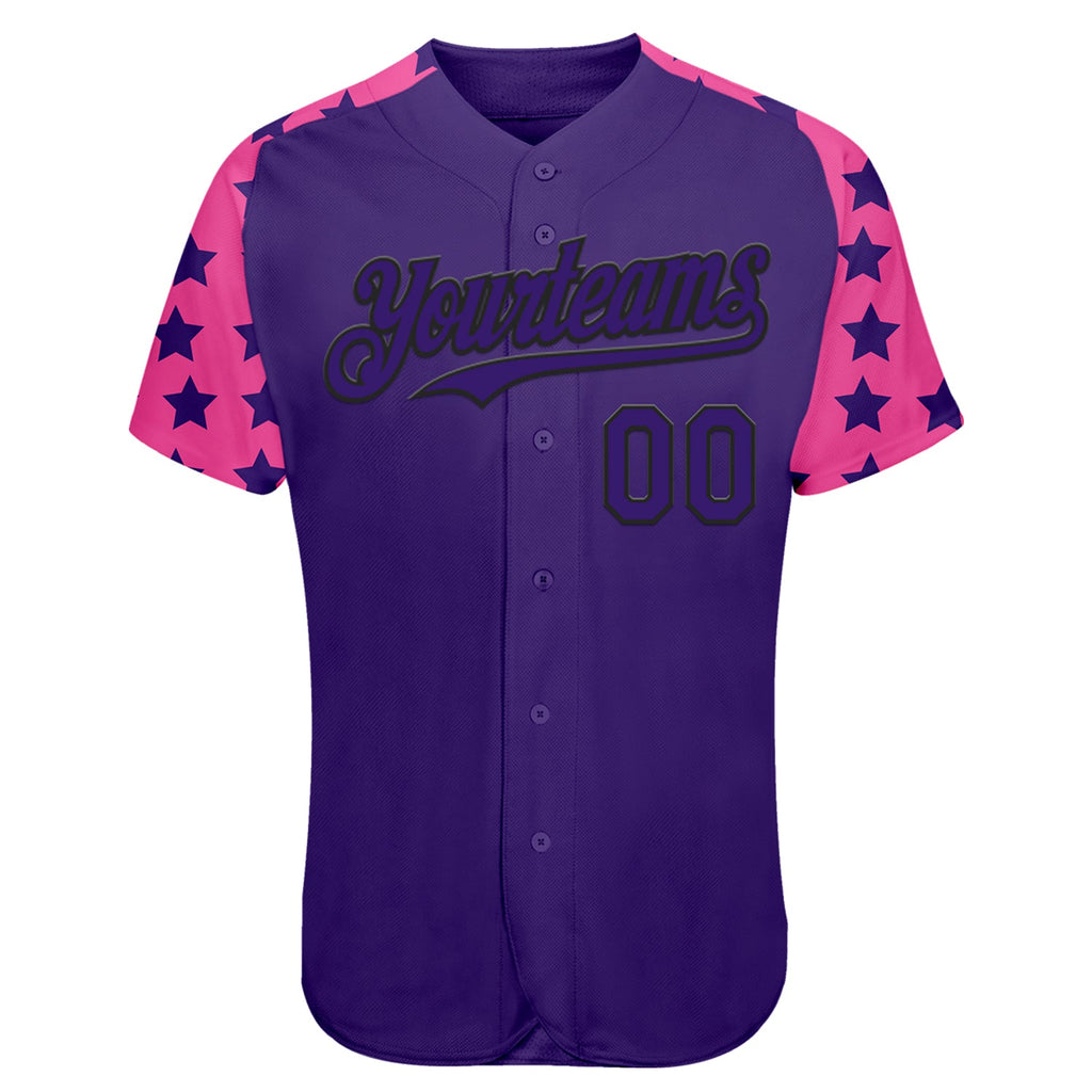 Custom Purple Black-Pink Star Raglan Sleeves Authentic Baseball Jersey