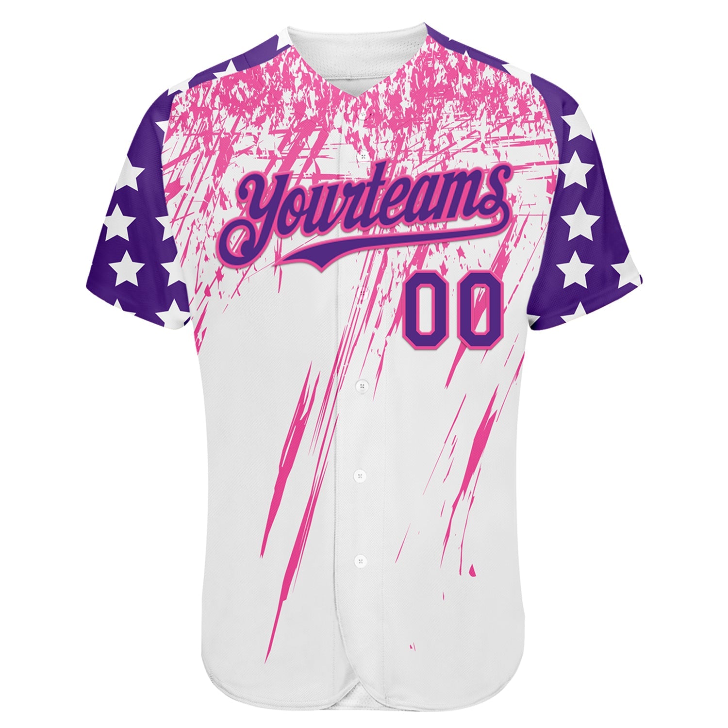 Custom White Purple-Pink Splatter Brush Stroke Star Raglan Sleeves  Authentic Baseball Jersey