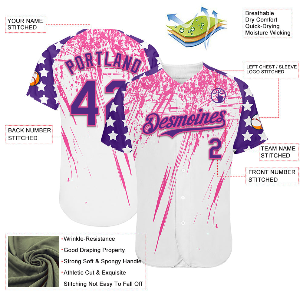 Custom White Purple-Pink Splatter Brush Stroke Star Raglan Sleeves  Authentic Baseball Jersey