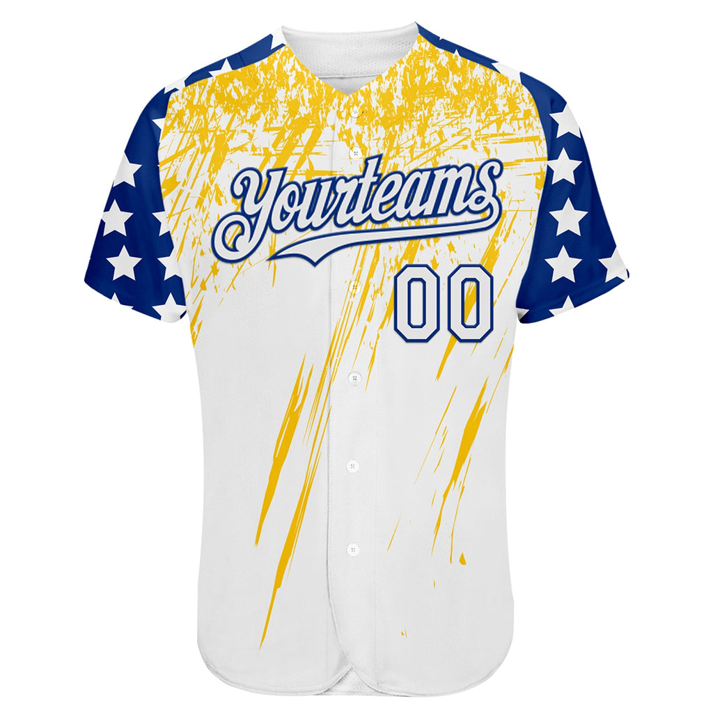 Custom White Royal-Yellow Splatter Brush Stroke Star Raglan Sleeves Authentic Baseball Jersey
