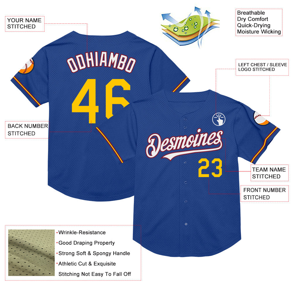 Custom Royal Yellow-Crimson Mesh Authentic Throwback Baseball Jersey