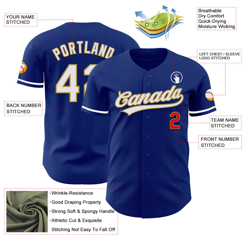 Custom Royal Fire Red White-Old Gold Authentic Baseball Jersey