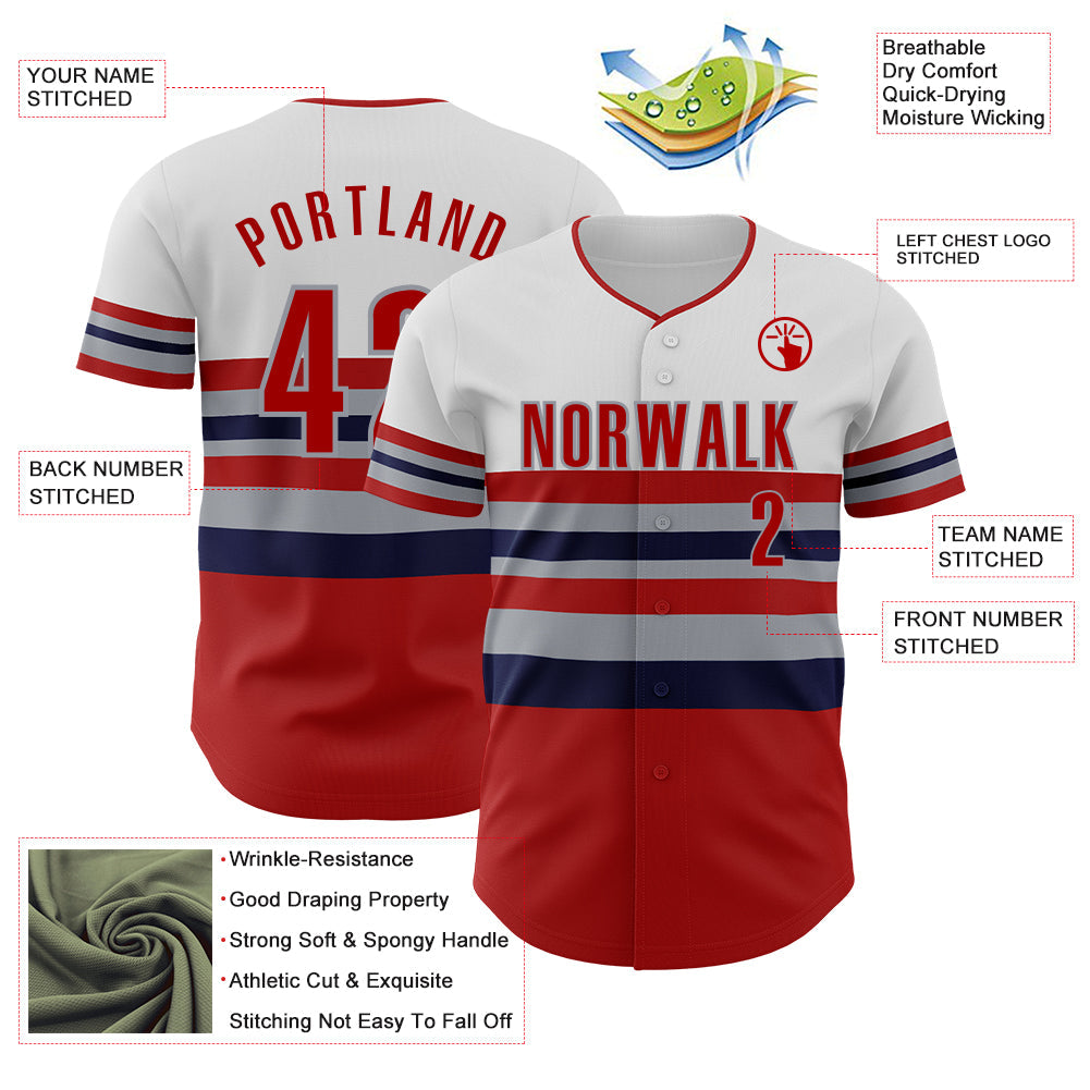 Custom White Red Navy-Gray Block Stripes Lines Los Angeles Style Authentic Baseball Jersey