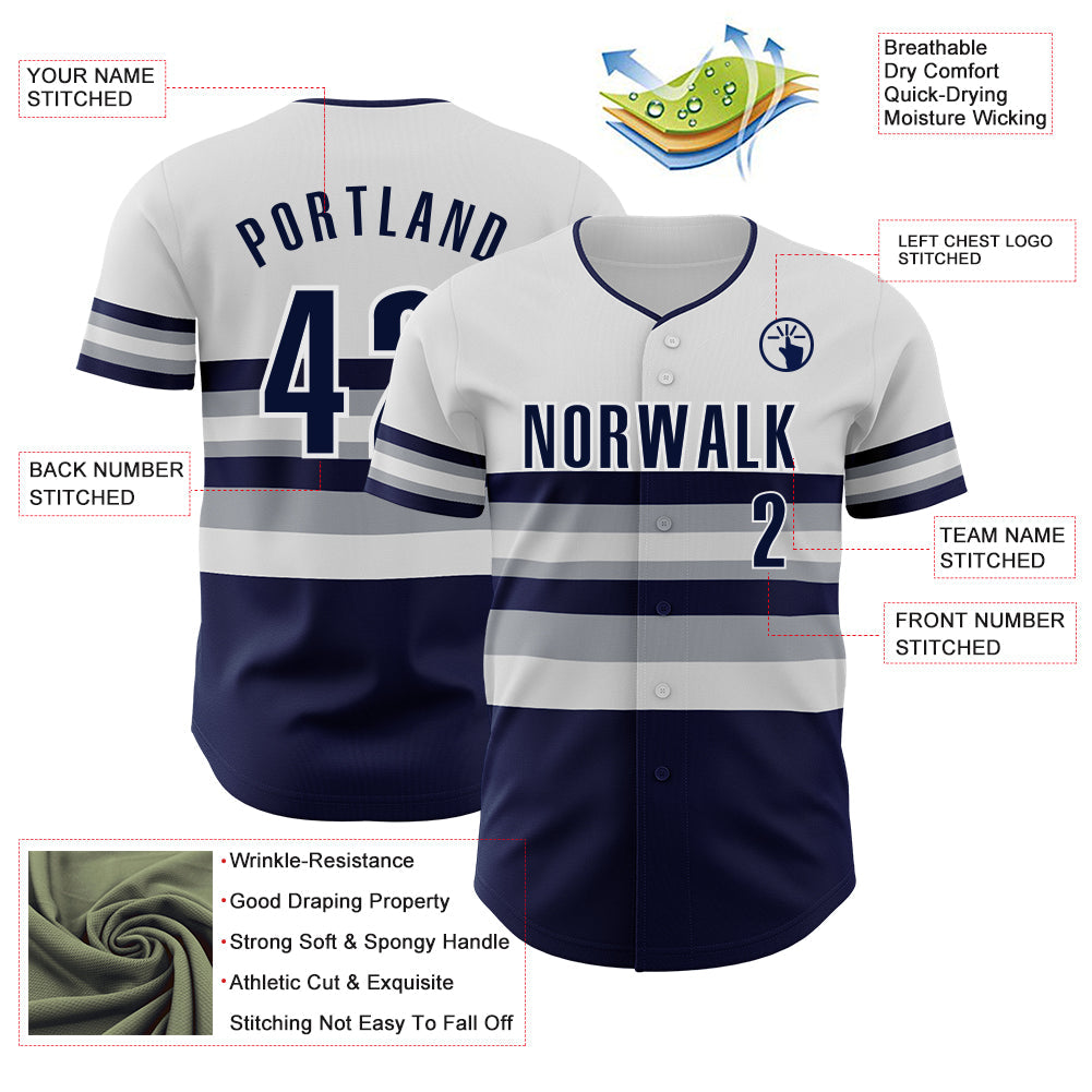 Custom White Navy-Gray Block Stripes Lines New York Style Authentic Baseball Jersey