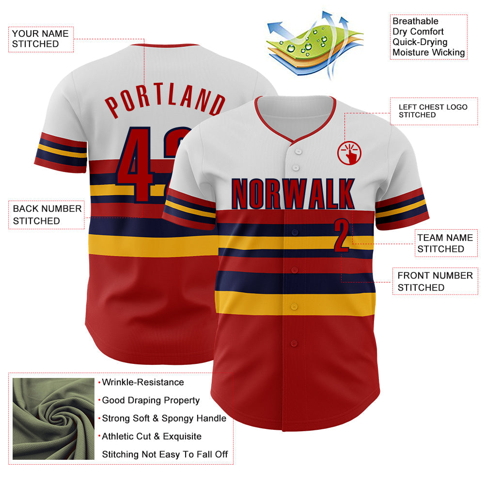 Custom White Red Gold-Navy Block Stripes Lines St.Louis Style Authentic Baseball Jersey