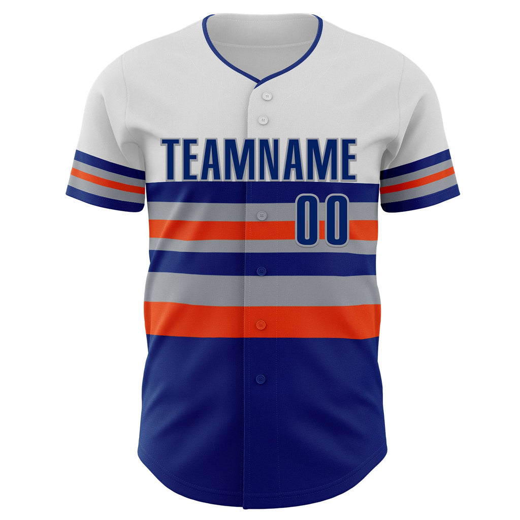 Custom White Royal Orange-Gray Block Stripes Lines New York Style Authentic Baseball Jersey