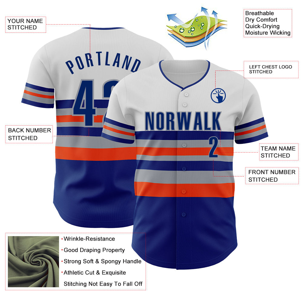 Custom White Royal Orange-Gray Block Stripes Lines New York Style Authentic Baseball Jersey
