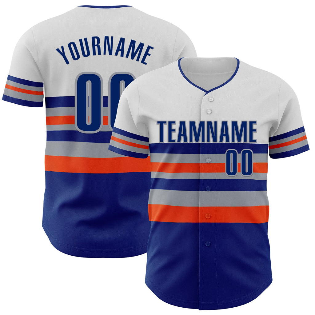 Custom White Royal Orange-Gray Block Stripes Lines New York Style Authentic Baseball Jersey