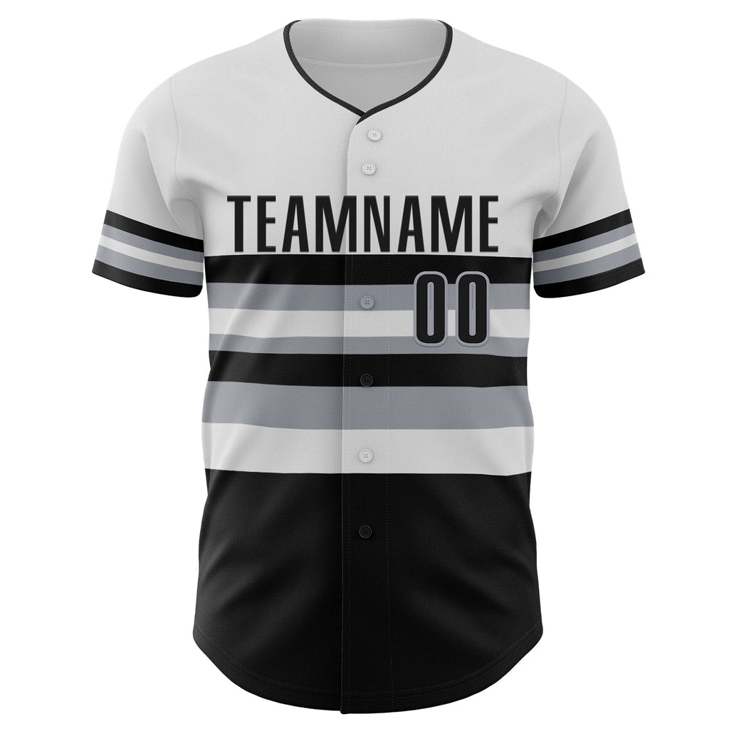 Custom White Black-Gray Block Stripes Lines Chicago Style Authentic Baseball Jersey